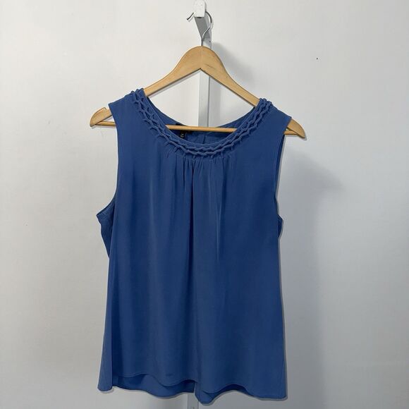 Talbots Blue Sleeveless 100% Silk Top Blouse Braided Neckline Button Back Sz 14 - Picture 1 of 12
